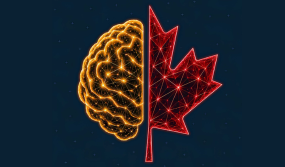 half a brain and half a maple leaf illuminated together